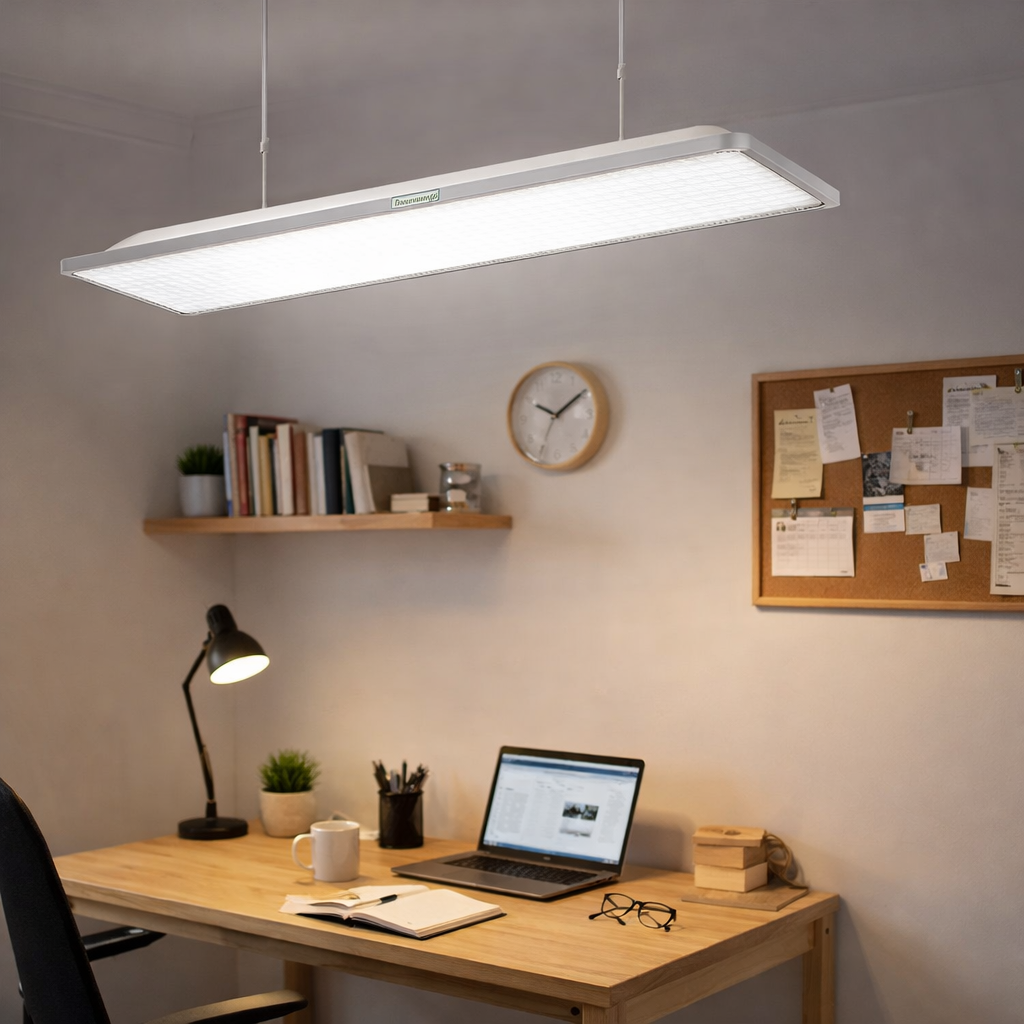LED hanging study light above wooden desk with laptop and workspace setup for home office lighting