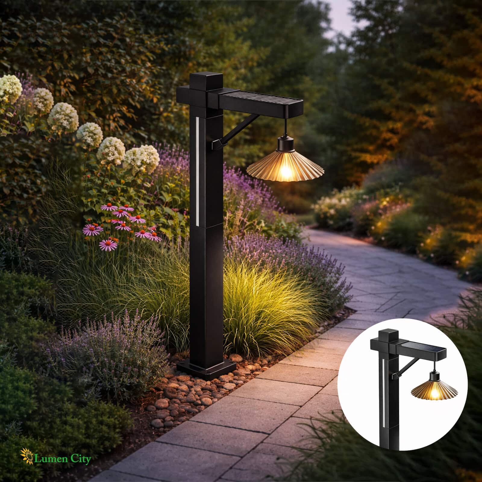 Outdoor garden pathway lamp with warm LED light for landscape lighting.