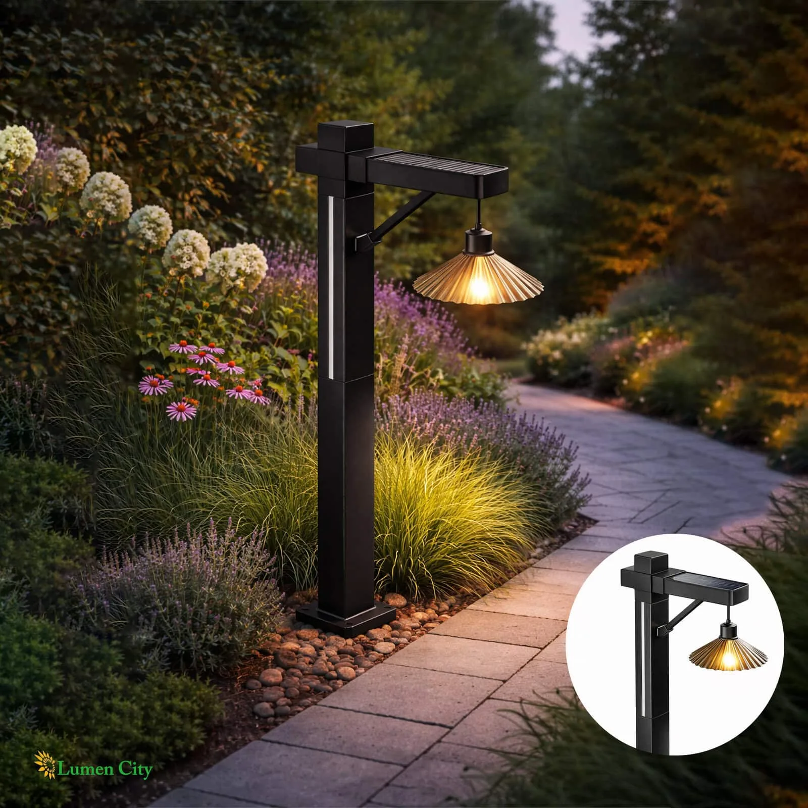 Outdoor garden pathway lamp with warm LED light for landscape lighting.