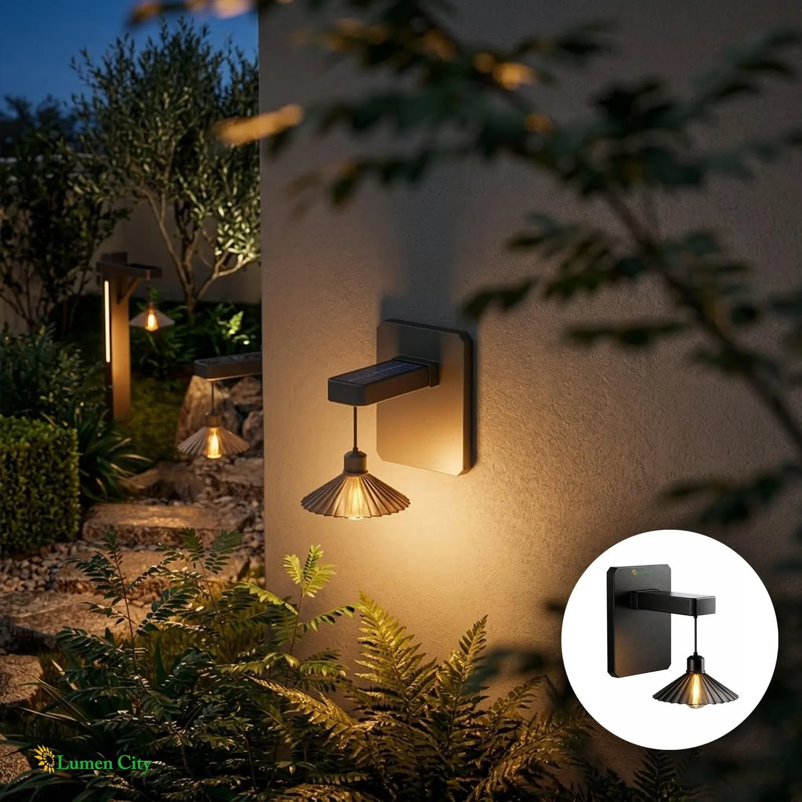 Elegant outdoor wall lighting with gold shade, perfect for garden or patio decor.
