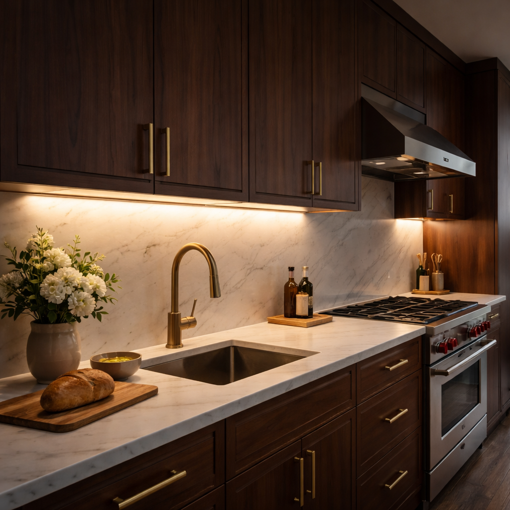 Under cabinet LED strip lighting in modern kitchen with warm glow and premium wooden finish cabinets
