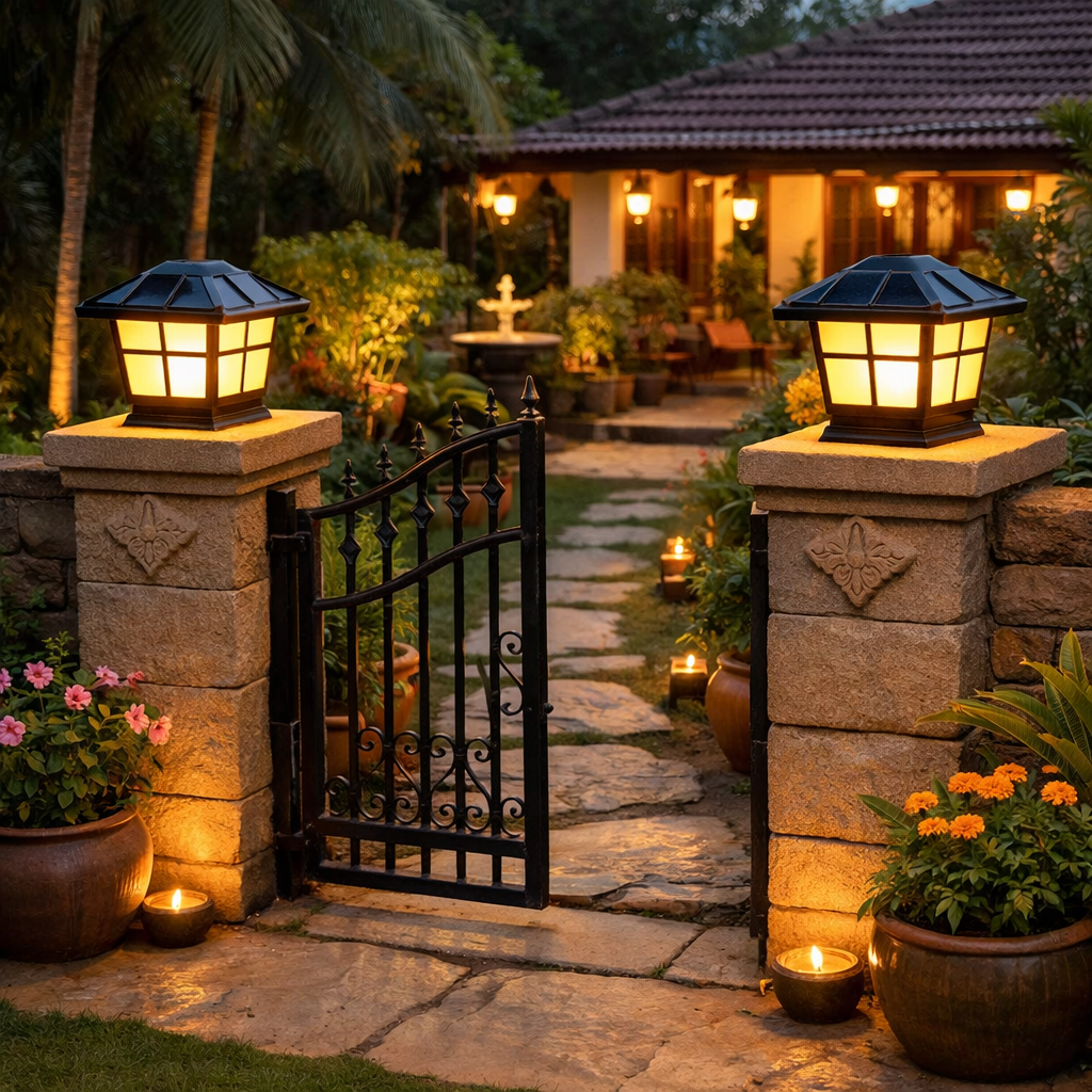 solar powered light installed on main gate of a indian farm house