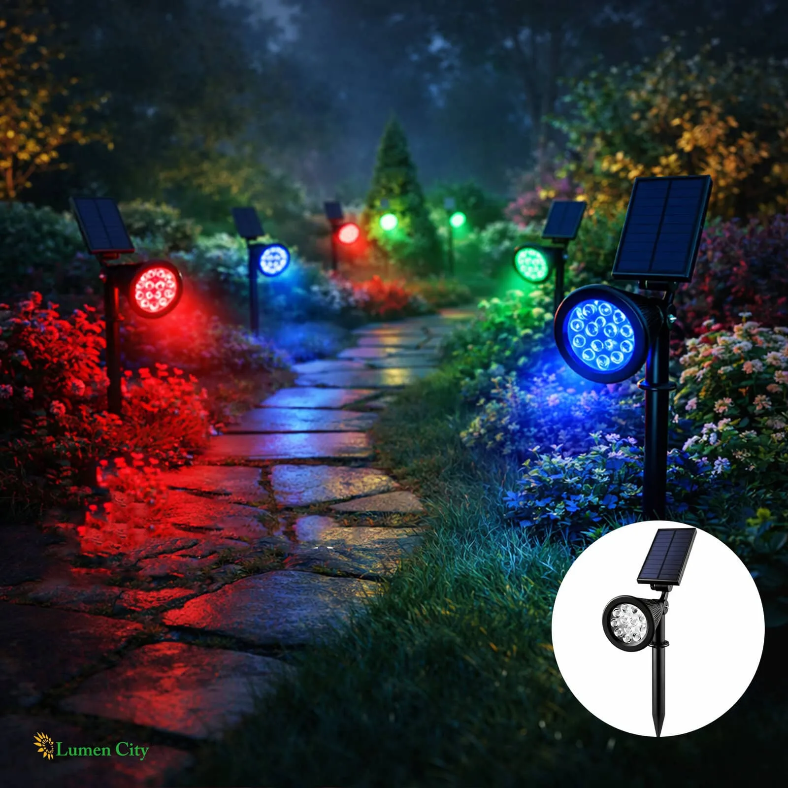 LED outdoor garden lights with solar panels illuminating a pathway at dusk, colorful and eco-friendl.