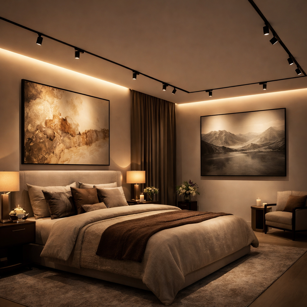 Magnetic Track Lights Installed in luxury Bedroom