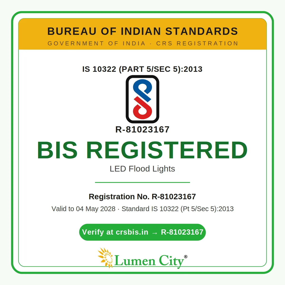 Solar Flood Light BIS Reg Certificate Lumencity