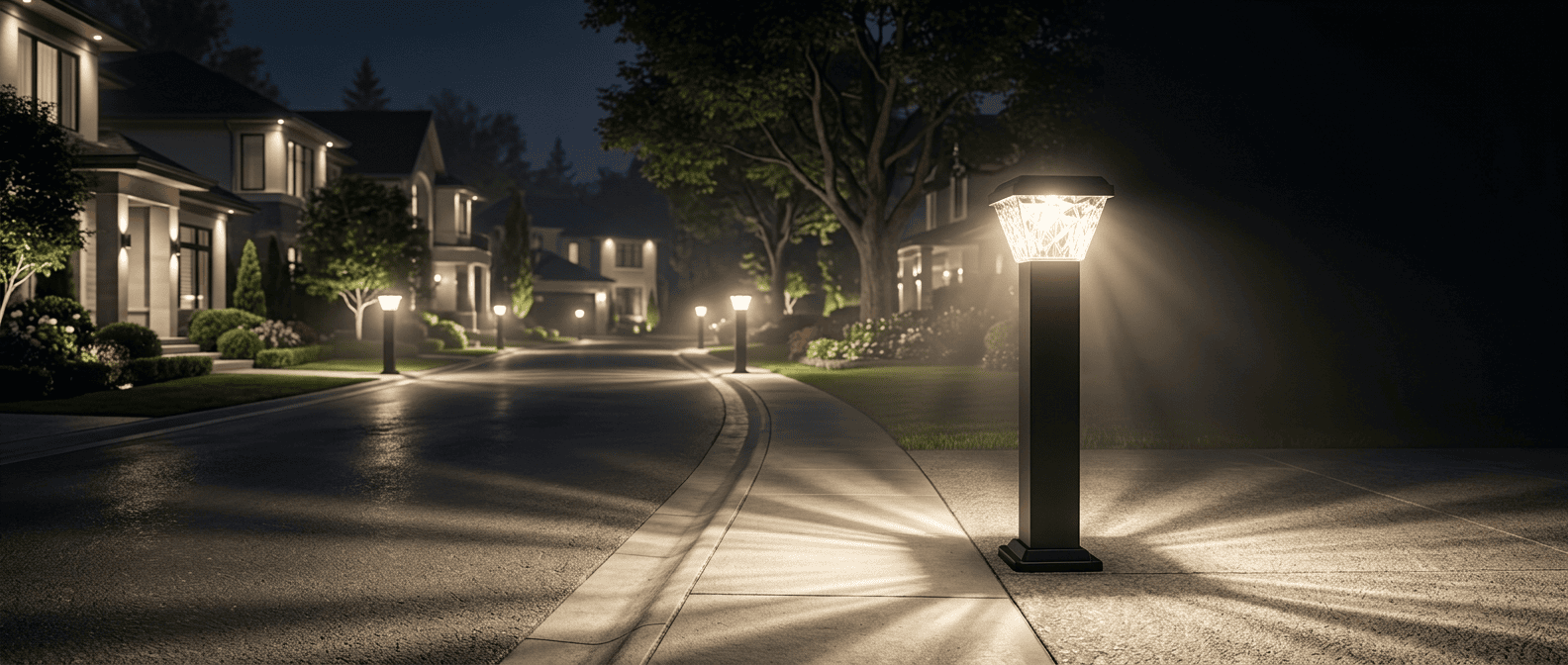 Solar garden bollard light installed roadside