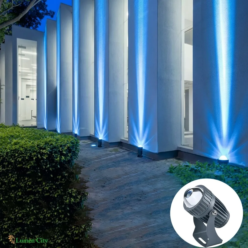 10W Facade Column Light – Blue 7° Narrow Beam IP68 installed outdoors