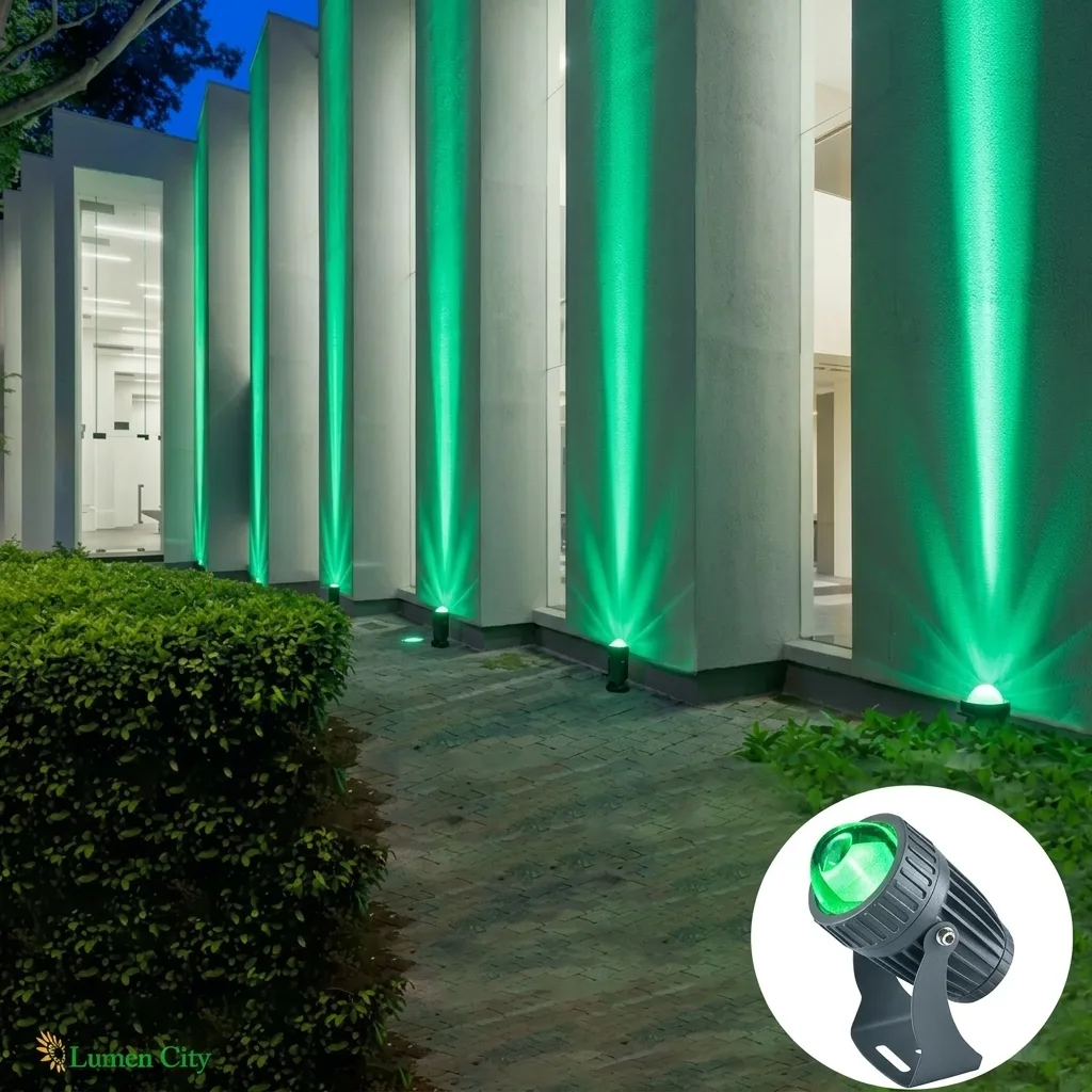 10W Facade Column Light – Green 7° Narrow Beam IP68 installed outside