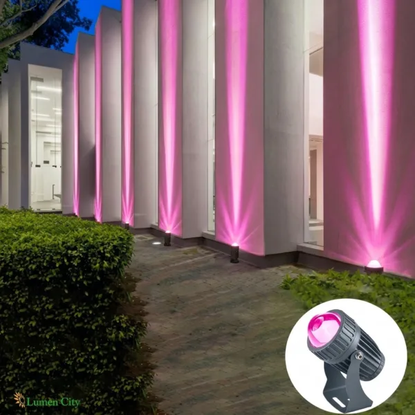 10W Facade Column Light – Pink 7° Narrow Beam IP68 installed outdoors