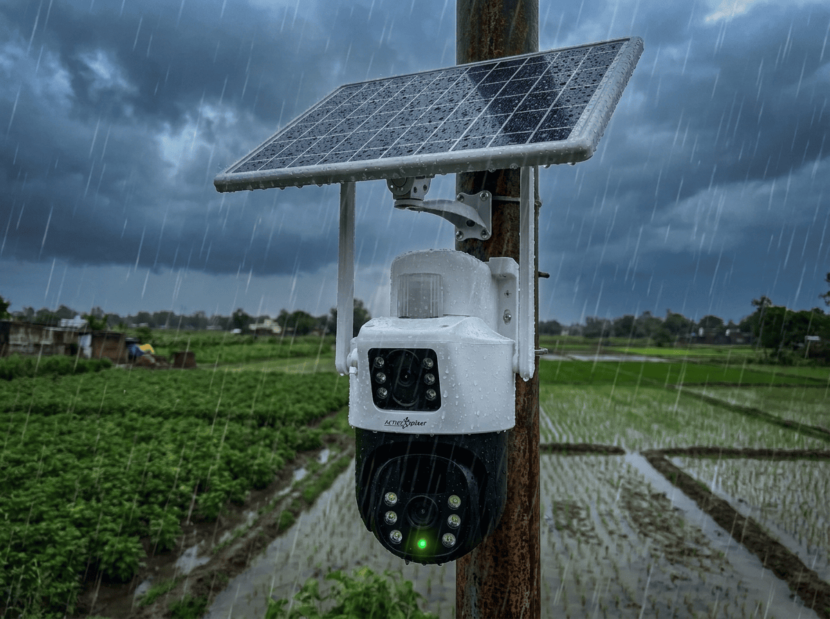 IP66 solar CCTV camera working in monsoon rain with battery backup