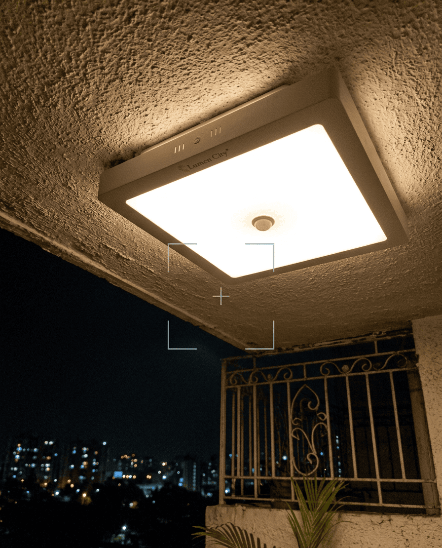 Warm white motion light on covered balcony