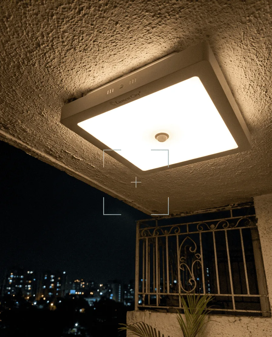 Warm white motion light on covered balcony