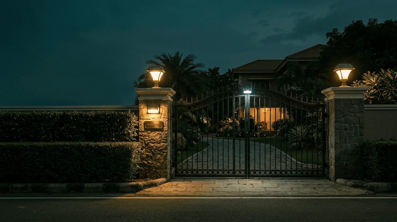 Solar gate and pillar lights installed at a home entrance