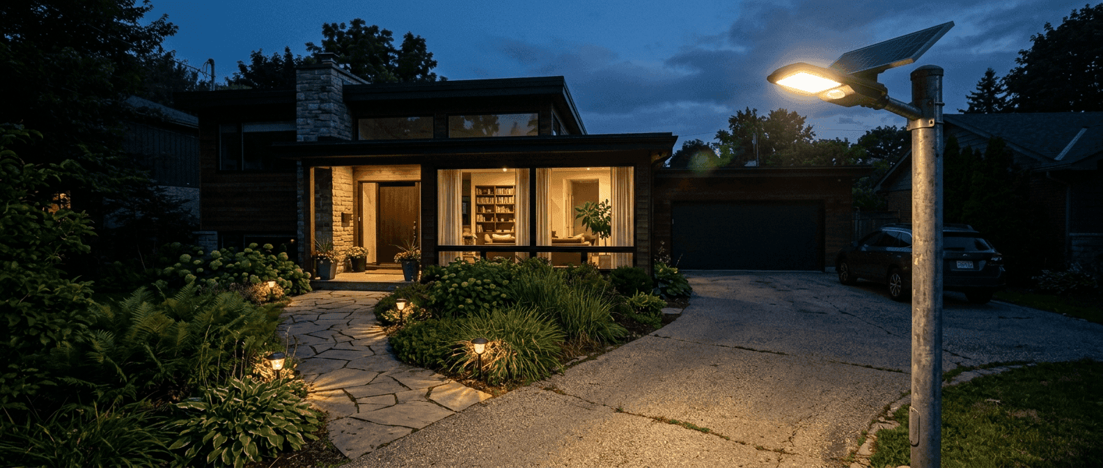 Solar lights installed outside an Indian home