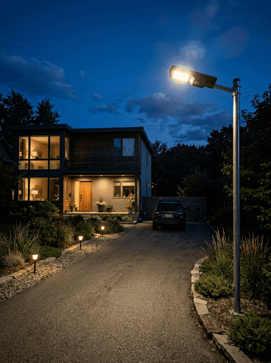 Solar street light installed outside an Indian home