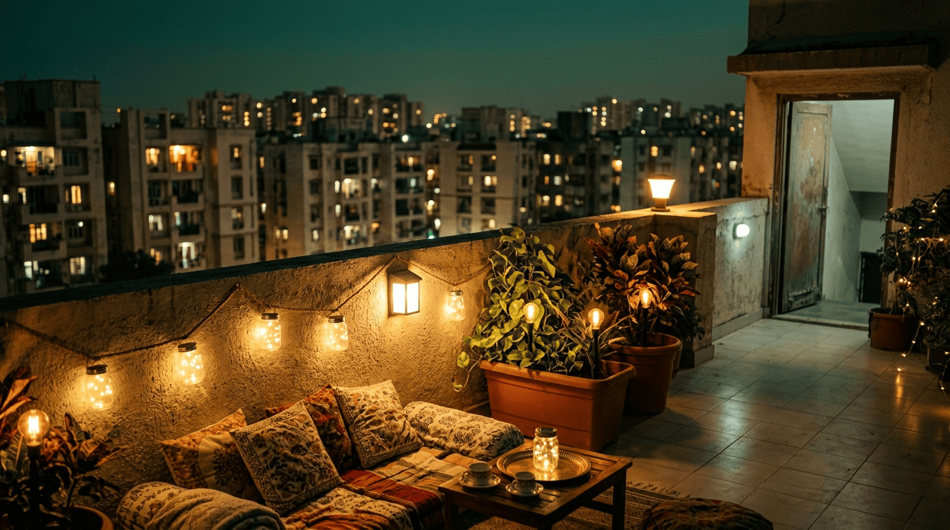Balcony and terrace sun check - railing top, parapet edge and open terrace charge fully; deep covered corners do not