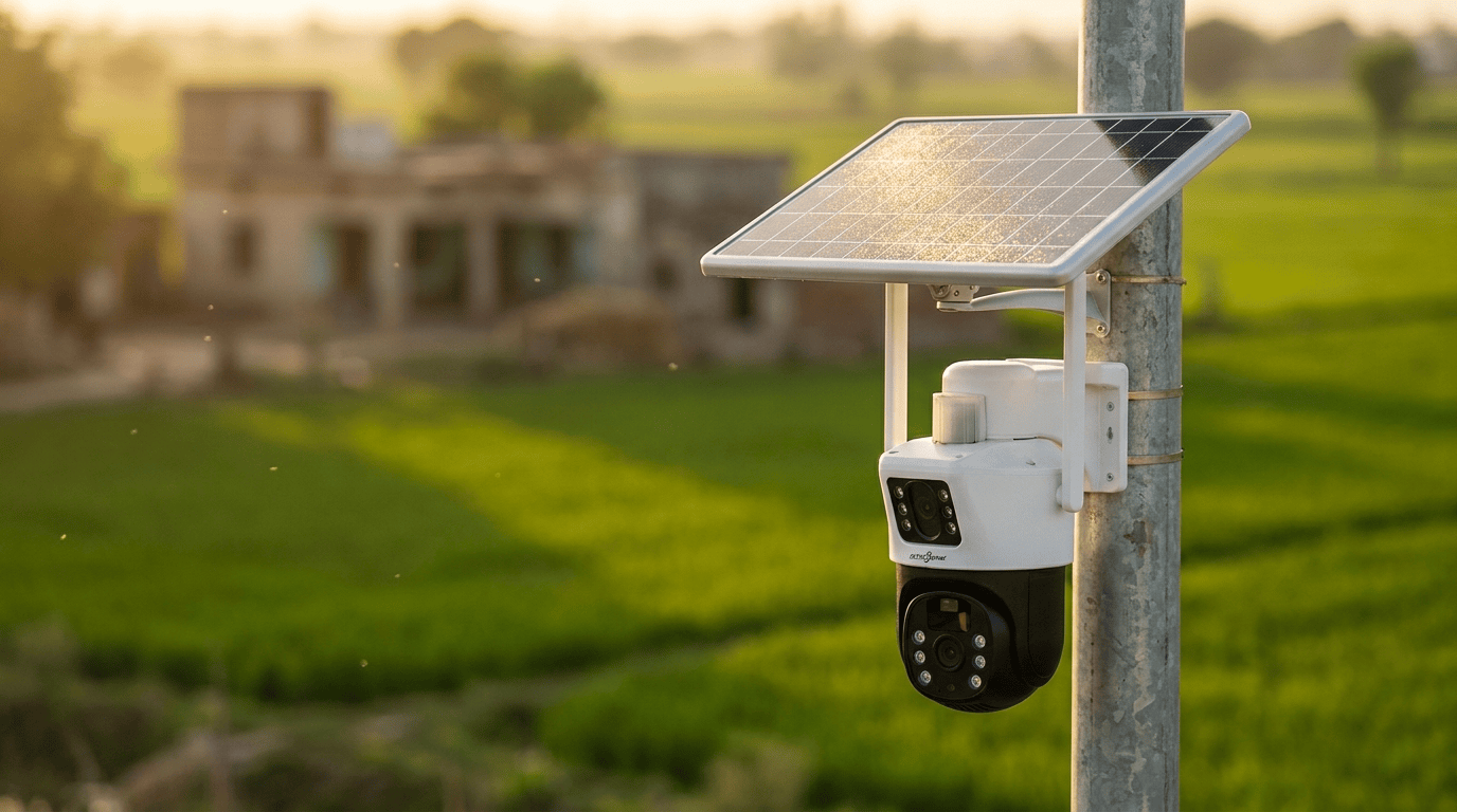 Dual lens solar CCTV camera covering gate and compound simultaneously