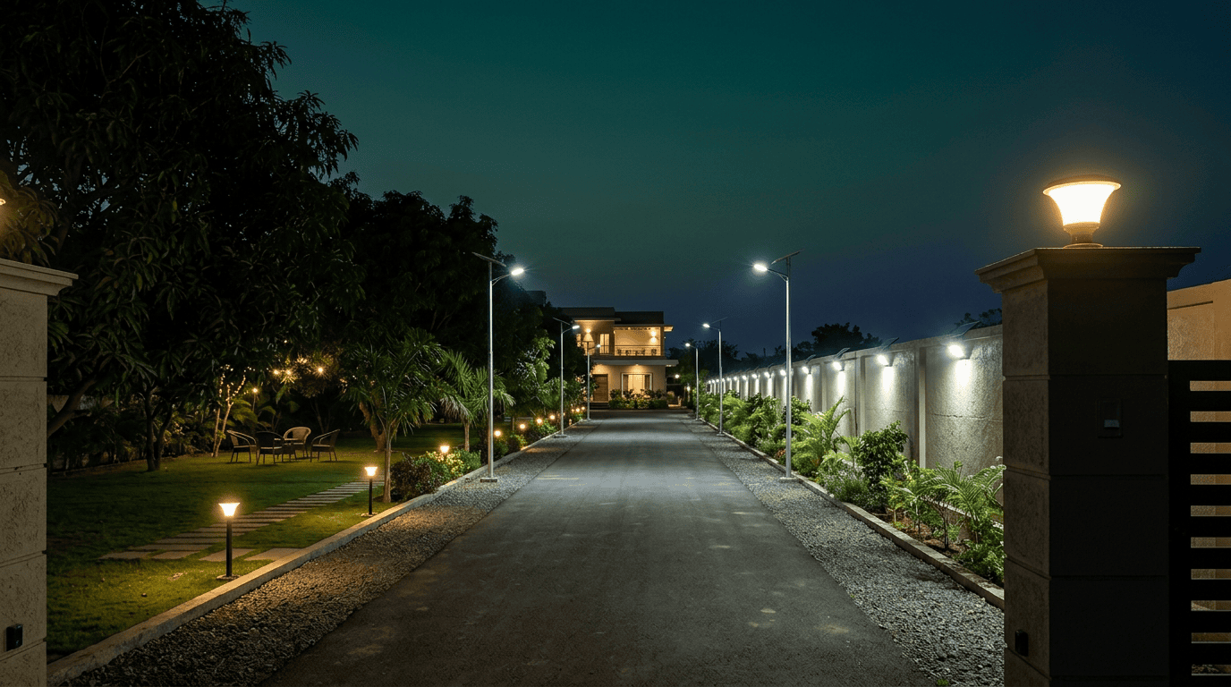Farmhouse solar lighting zone map - boundary wall flood lights, pillar lamps at the gate, street lights along the driveway, warm lamps on the lawn