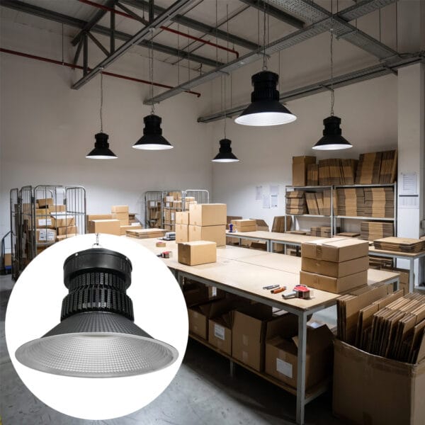 100 watt high bay light with reflector installed at a packing station