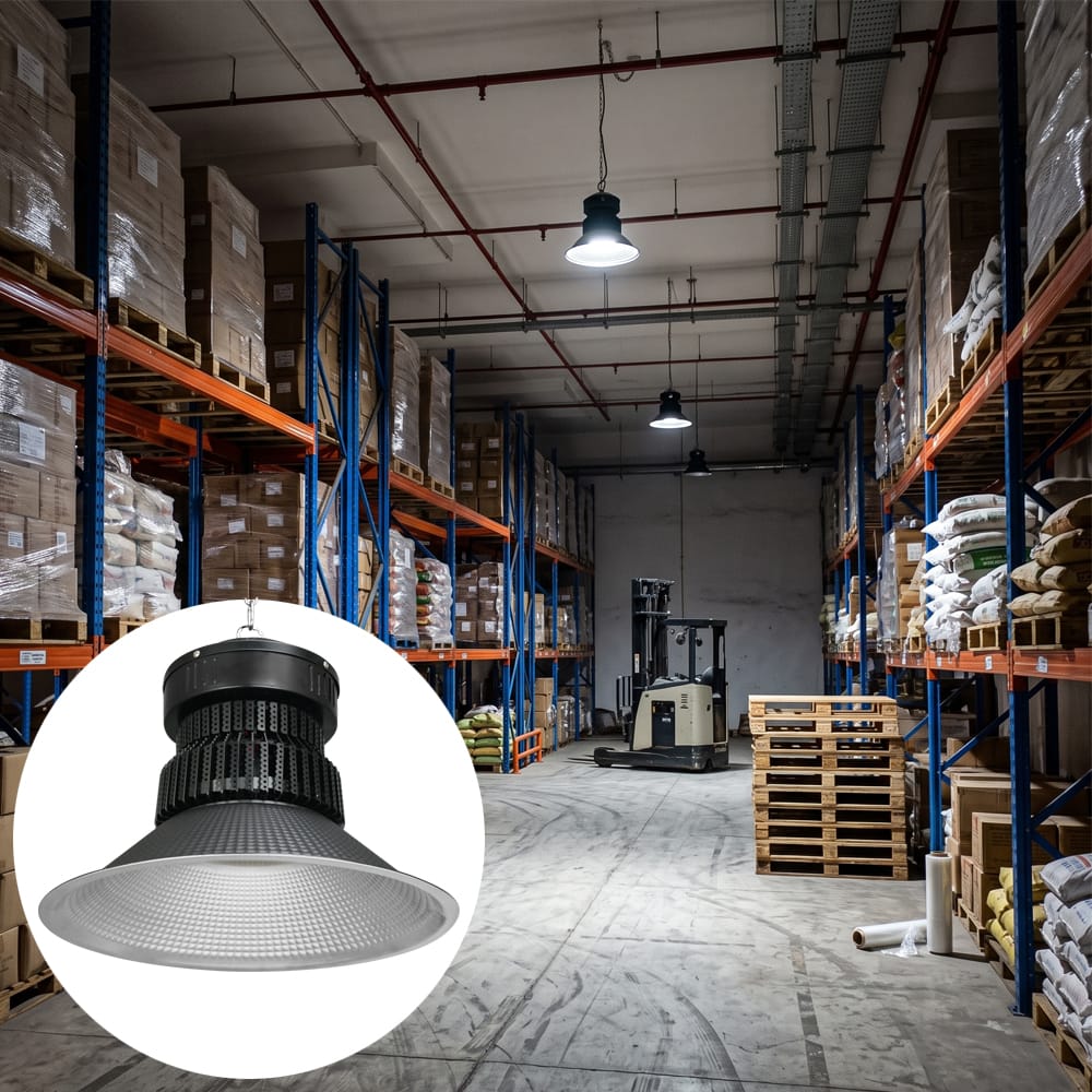 150 watt high bay light installed in a warehouse